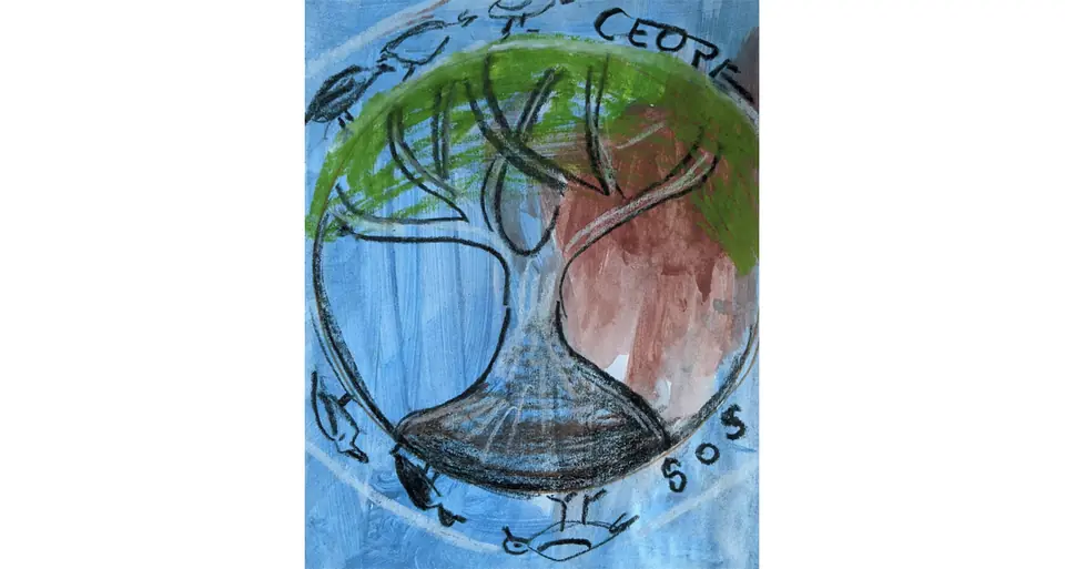 The cedar drawn inside the Earth, with “SOS”